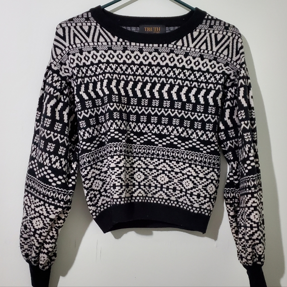 Truth by Republic Fair Isle Cropped Sweater Small Balloon Sleeve Bohho Nordic